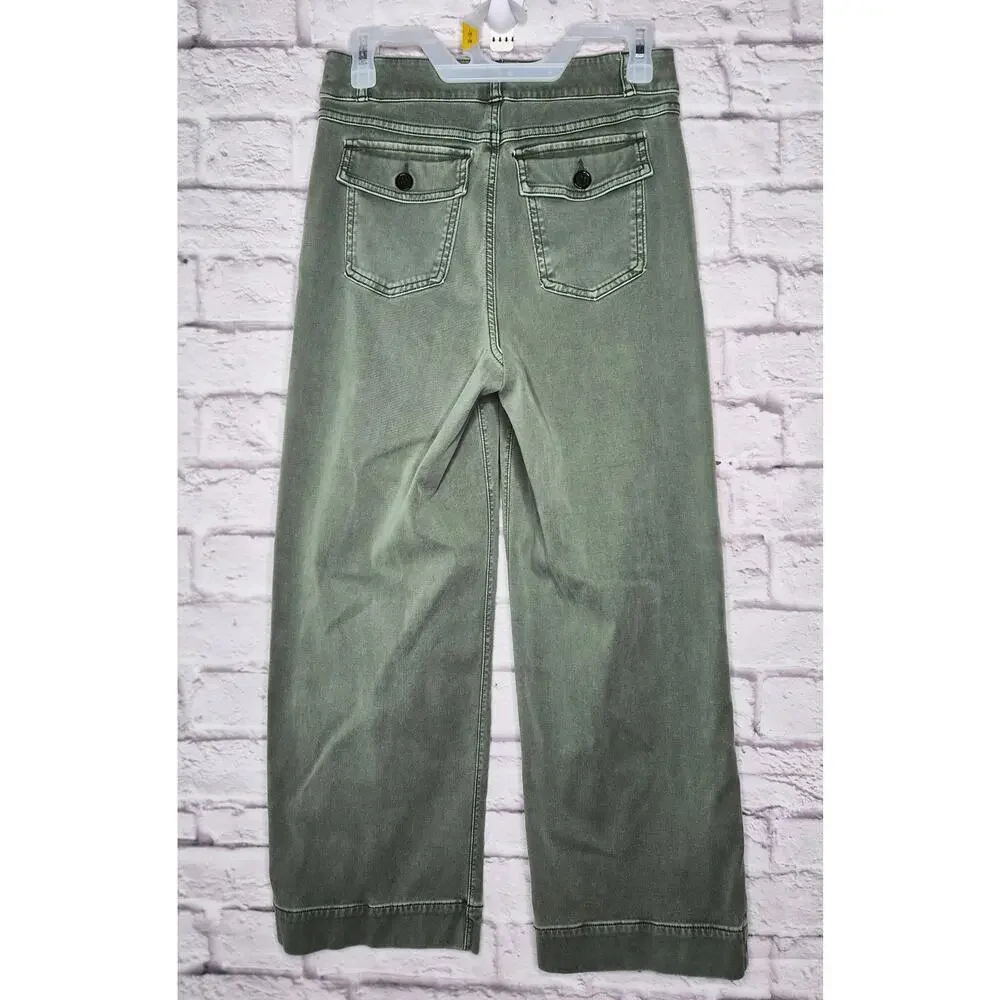 ​SPANX Twill Crop Wide Leg Pants Medium Olive Green High Waist Stretch women's.